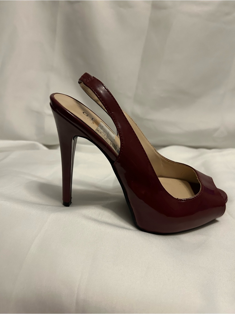 Guess Women's Burgundy Patent Peep-Toe Slingback Heels
